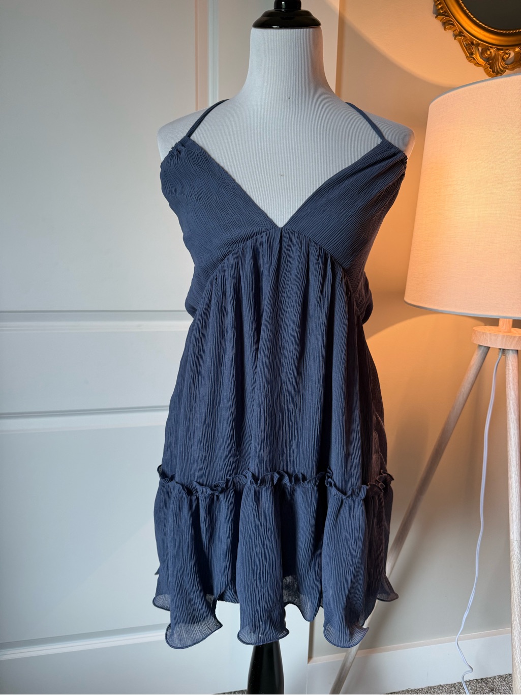 Lulus Nwt Blue Gray Open Back Ruffle Mini Dress Halter Tie Size L